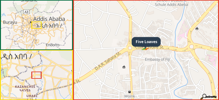 Map showing the address of Five Loaves in three different zoom levels.