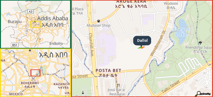 Map showing the address of Dallol in three different zoom levels.