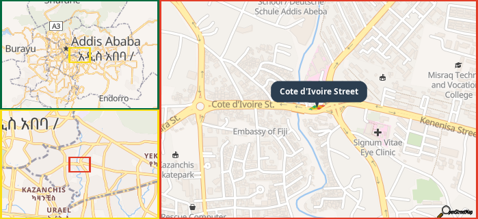 Map showing the address of Cote d'Ivoire Street in three different zoom levels.