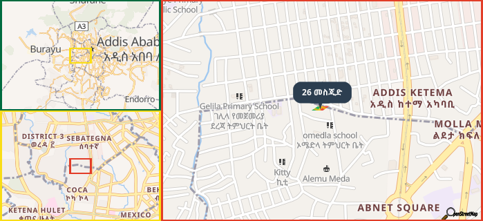 Map showing the address of 26 መስጂድ in three different zoom levels.