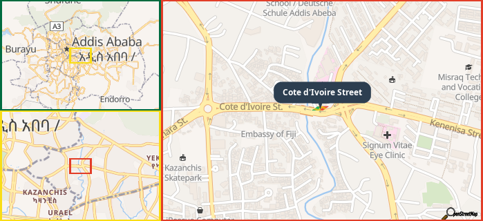 Map showing the address of Cote d'Ivoire Street in three different zoom levels.
