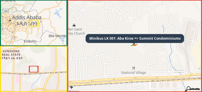 Map showing the address of Minibus LK 001: Aba Kiros => Summit Condominiums in three different zoom levels.