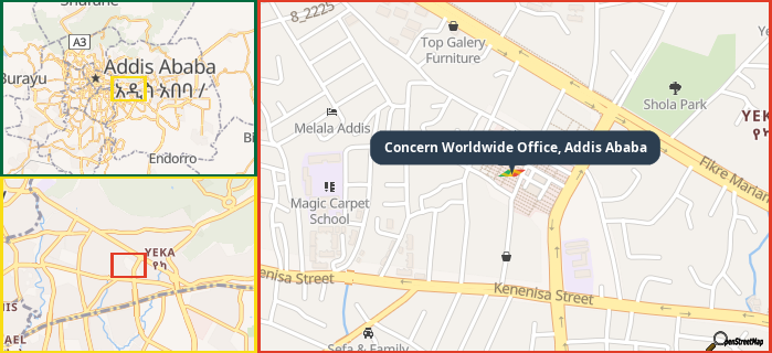 Map showing the address of Concern Worldwide Office, Addis Ababa in three different zoom levels.