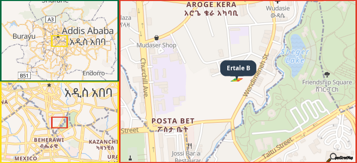 Map showing the address of Ertale B in three different zoom levels.