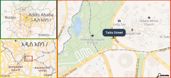 Map showing the address of Taitu Street in three different zoom levels.