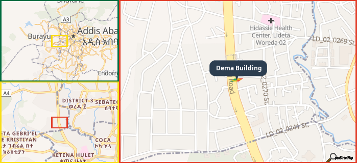 Map showing the address of Dema Building in three different zoom levels.