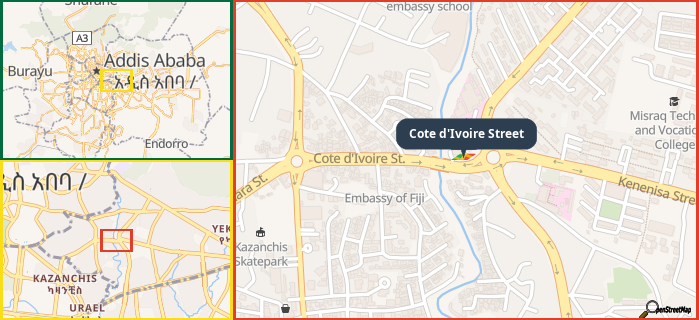 Map showing the address of Cote d'Ivoire Street in three different zoom levels.