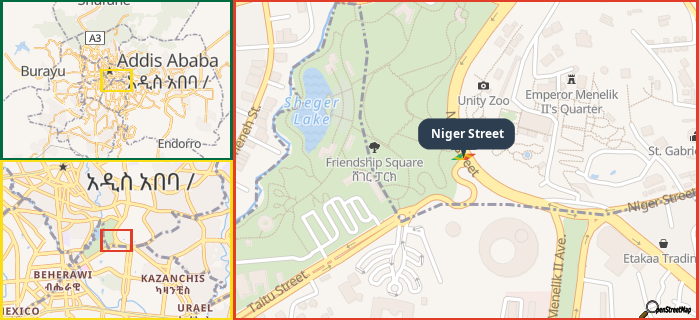 Map showing the address of Niger Street in three different zoom levels.