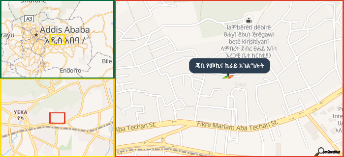 Map showing the address of ጄቢ የመኪና ኪራይ አገልግሎት in three different zoom levels.