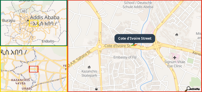 Map showing the address of Cote d'Ivoire Street in three different zoom levels.
