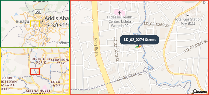 Map showing the address of LD_02_0274 Street in three different zoom levels.