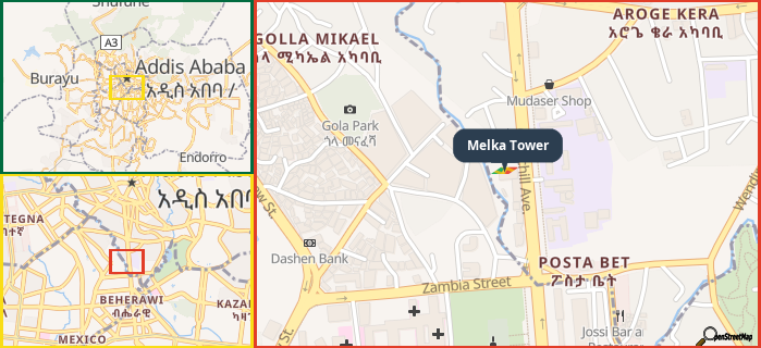 Map showing the address of Melka Tower in three different zoom levels.