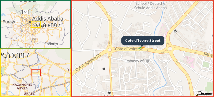 Map showing the address of Cote d'Ivoire Street in three different zoom levels.