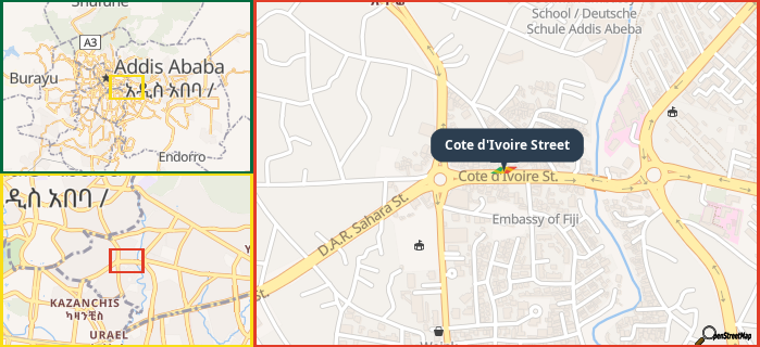 Map showing the address of Cote d'Ivoire Street in three different zoom levels.