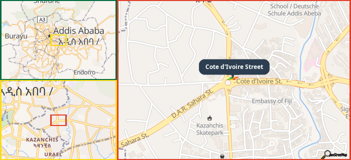 Map showing the address of Cote d'Ivoire Street in three different zoom levels.