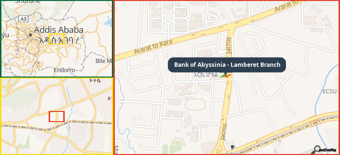 Map showing the address of Bank of Abyssinia - Lamberet Branch in three different zoom levels.