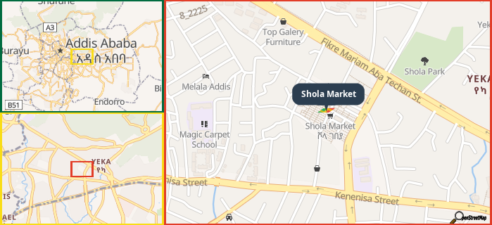 Map showing the address of Shola Market in three different zoom levels.