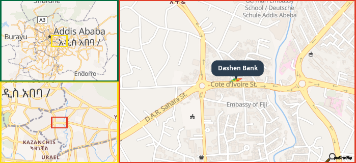 Map showing the address of Dashen Bank in three different zoom levels.