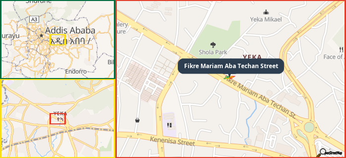 Map showing the address of Fikre Mariam Aba Techan Street in three different zoom levels.