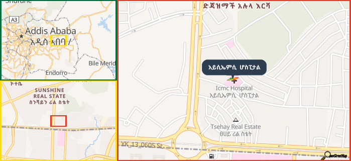 Map showing the address of አይሲኤምሲ  ሆስፒታል in three different zoom levels.