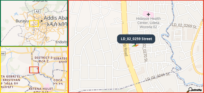 Map showing the address of LD_02_0259 Street in three different zoom levels.