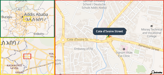 Map showing the address of Cote d'Ivoire Street in three different zoom levels.