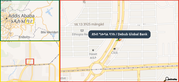 Map showing the address of ደቡብ ግሎባል ባንክ / Debub Global Bank in three different zoom levels.