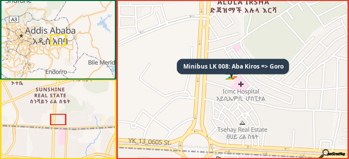 Map showing the address of Minibus LK 008: Aba Kiros => Goro in three different zoom levels.