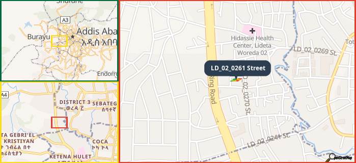 Map showing the address of LD_02_0261 Street in three different zoom levels.