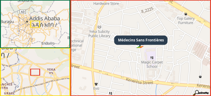 Map showing the address of Médecins Sans Frontières in three different zoom levels.