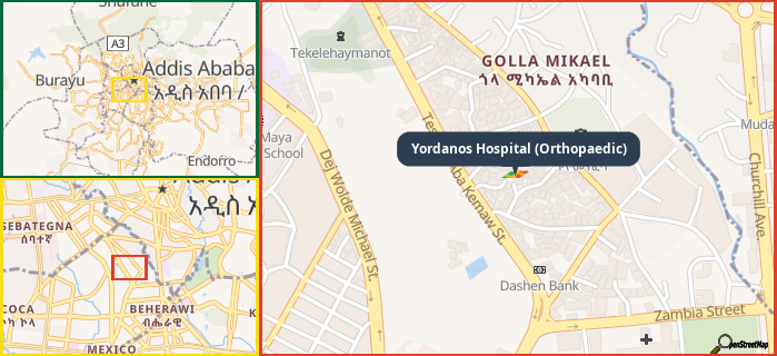 Map showing the address of Yordanos Hospital (Orthopaedic) in three different zoom levels.