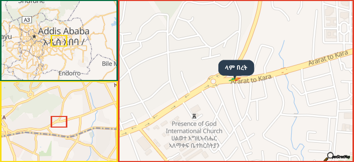 Map showing the address of ላም በረት in three different zoom levels.