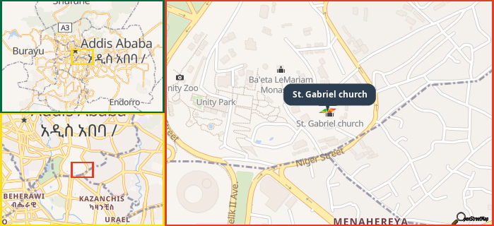 Map showing the address of St. Gabriel church in three different zoom levels.