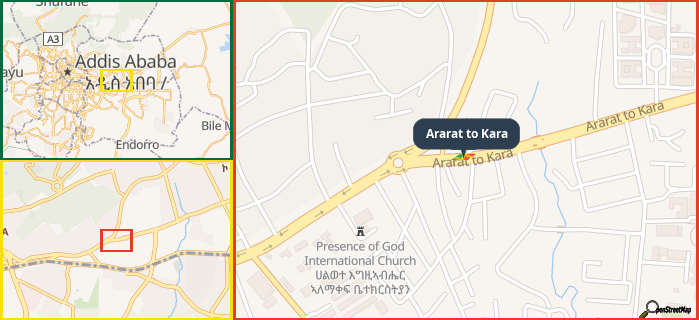 Map showing the address of Ararat to Kara in three different zoom levels.