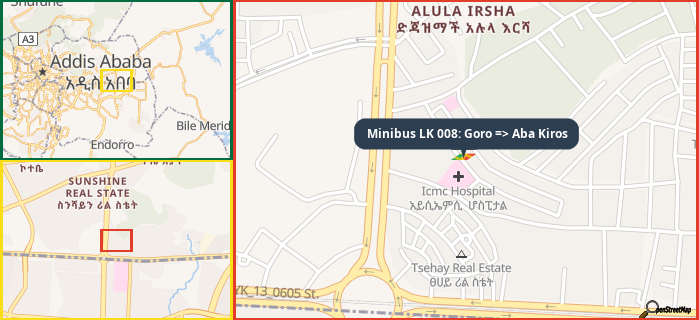 Map showing the address of Minibus LK 008: Goro => Aba Kiros in three different zoom levels.