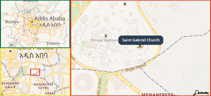 Map showing the address of Saint Gabriel Church in three different zoom levels.