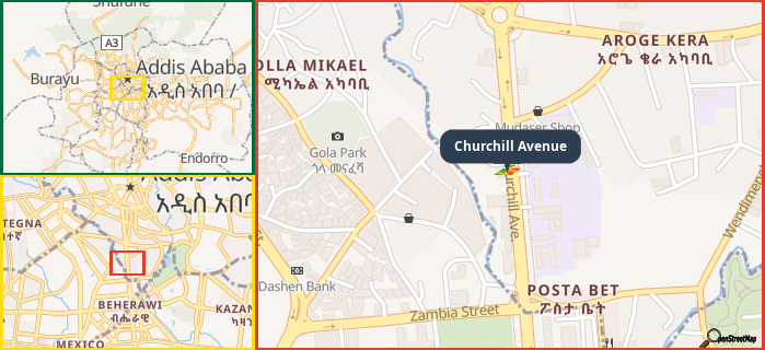 Map showing the address of Churchill Avenue in three different zoom levels.