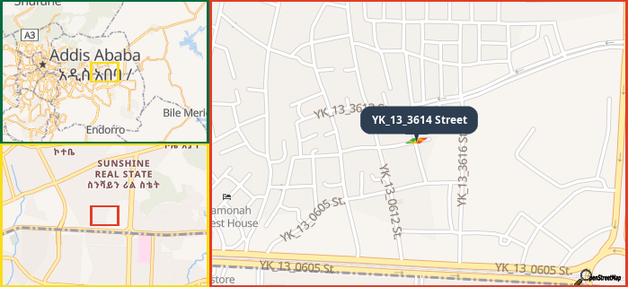 Map showing the address of YK_13_3614 Street in three different zoom levels.