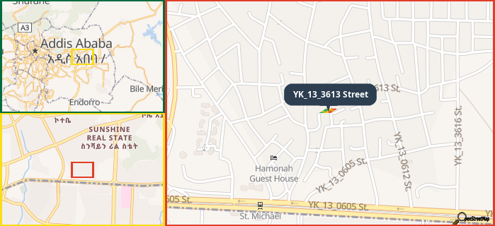 Map showing the address of YK_13_3613 Street in three different zoom levels.