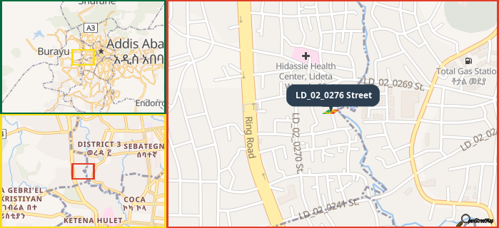 Map showing the address of LD_02_0276 Street in three different zoom levels.
