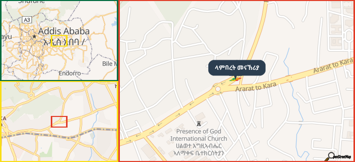 Map showing the address of ላምበረት መናኸሪያ in three different zoom levels.