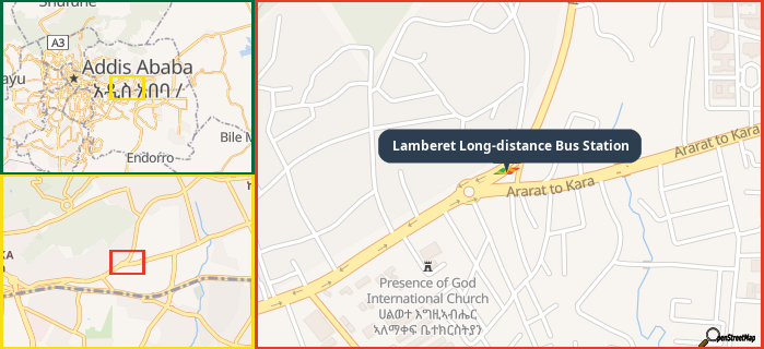 Map showing the address of Lamberet Long-distance Bus Station in three different zoom levels.