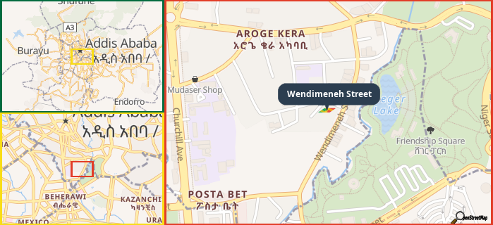 Map showing the address of Wendimeneh Street in three different zoom levels.