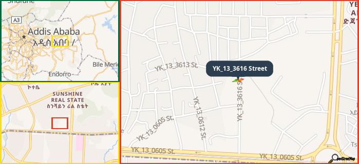 Map showing the address of YK_13_3616 Street in three different zoom levels.