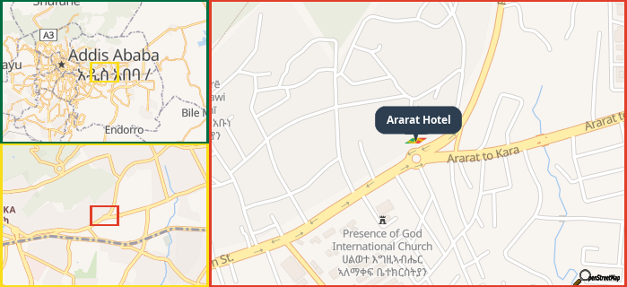 Map showing the address of Ararat Hotel in three different zoom levels.