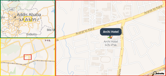 Map showing the address of Archi Hotel in three different zoom levels.