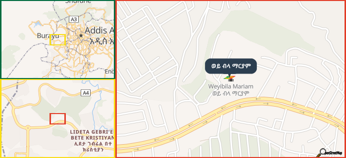 Map showing the address of ወይ ብላ ማርያም in three different zoom levels.