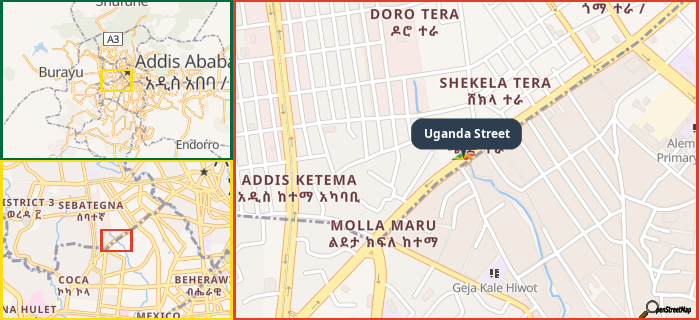 Map showing the address of Uganda Street in three different zoom levels.