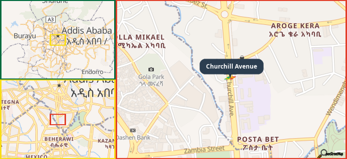 Map showing the address of Churchill Avenue in three different zoom levels.