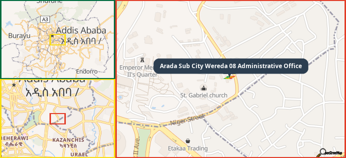 Map showing the address of Arada Sub City Wereda 08 Administrative Office in three different zoom levels.